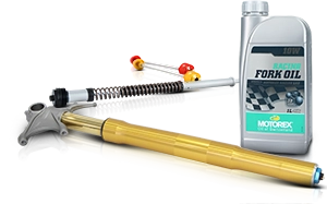 Pièces de fourche de moto avec ressorts, tubes verticaux dorés et huile de fourche de Motorex.